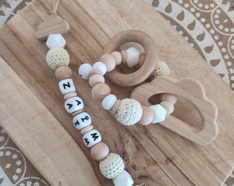 Personalized cloud and rattle pacifier clip - personalized silicone and wood first name pacifier clip - birth gift -