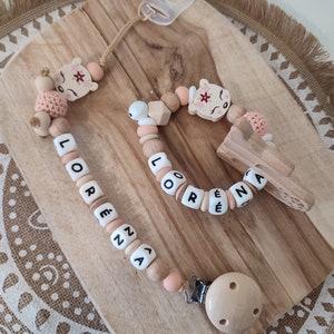 Doe wood silicone pacifier clip personalized pacifier clip with first name birth gift rattle ring with or without first name image 1