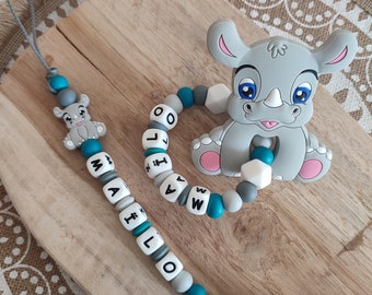 100% silicone rhino pacifier clip - rhino silicone rattle - changeable colors - birth gift ideas