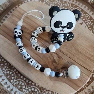 Attache tétine personnalisé panda silicone clip silicone attache sucette silicone cadeau naissance création personnalisée française bleu clair