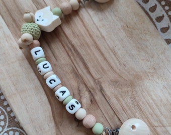 Personalized cuddly toy attachment with silicone first name - silicone and natural wood cuddly toy holder - customizable birth gift - Christmas