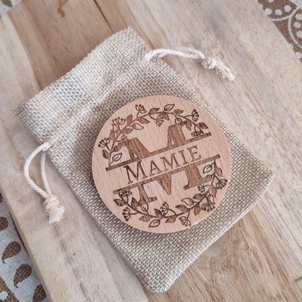 Miroir de poche personnalisée en bois - gravure laser professionnel - texte au choix - cadeau pour mamie maman maîtresse marraine