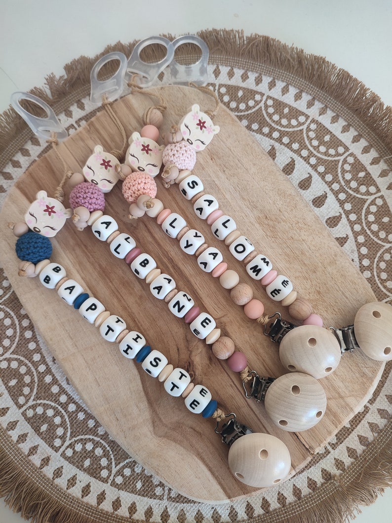 Doe wood silicone pacifier clip personalized pacifier clip with first name birth gift rattle ring with or without first name image 7