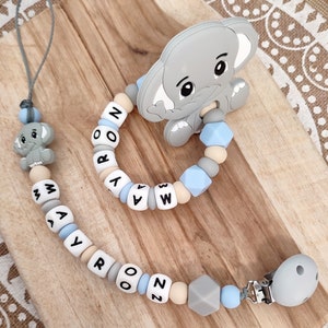 Personalized pacifier clip silicone elephant light gray sky blue beige - silicone awakening rattle ring - mam pacifier clip - gift