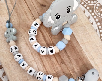 Personalized pacifier clip silicone elephant light gray sky blue beige - silicone awakening rattle ring - mam pacifier clip - gift