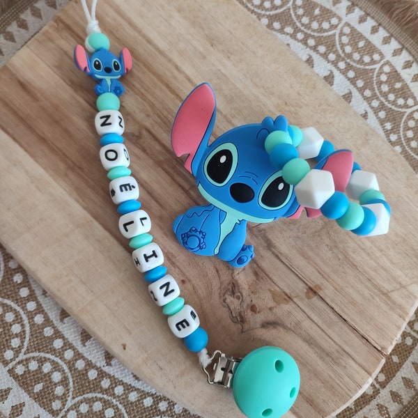Personalisierter Stitch Disney Schnullerclip aus 100 % Silikon - Rassel Disney Stitch aus Silikon - Geschenk zur Geburt des Babys zu Weihnachten