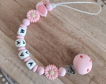 Personalized Pink Flament pacifier clip - personalized silicone and wood first name pacifier clip - birth gift - pacifier clip - boy