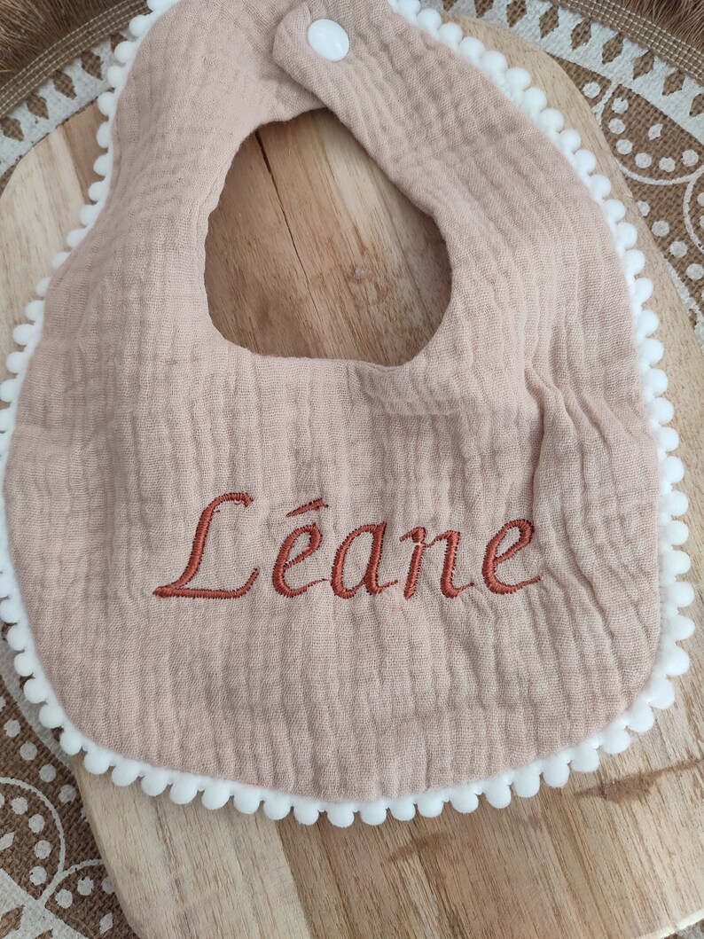 Bib in double cotton gauze personalized with the first name embroidered in the color of your choice future parents birth gift image 3