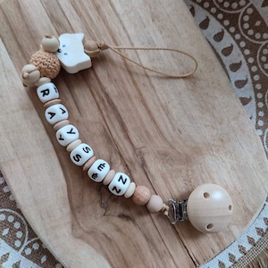 Personalized silicone fox pacifier clip personalized creations for children silicone and natural wood awakening rattle Christmas beige foncé