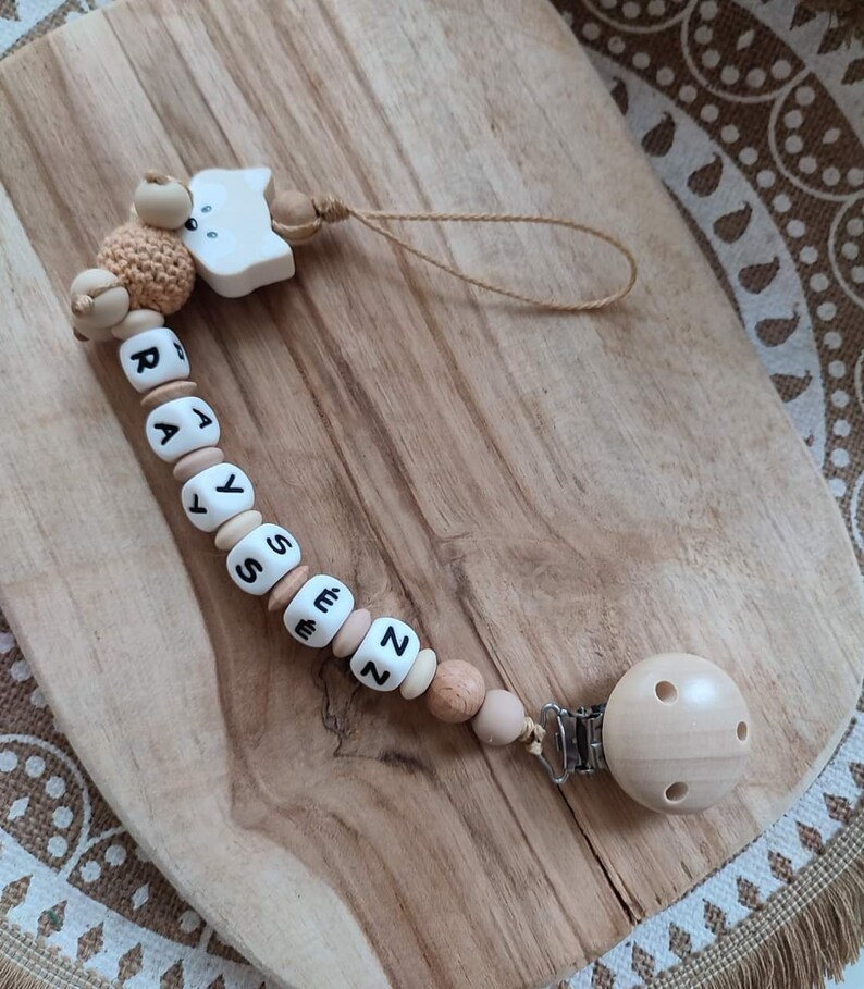 Personalized silicone fox pacifier clip personalized creations for children silicone and natural wood awakening rattle Christmas beige foncé