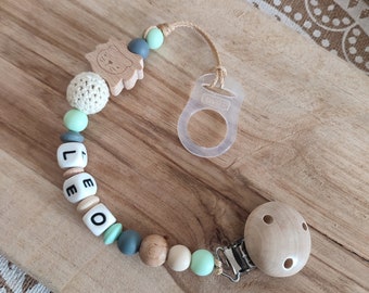 Lion silicone pacifier clip - personalized silicone and lion wood pacifier clip - silicone rattle ring - Christmas birth gift