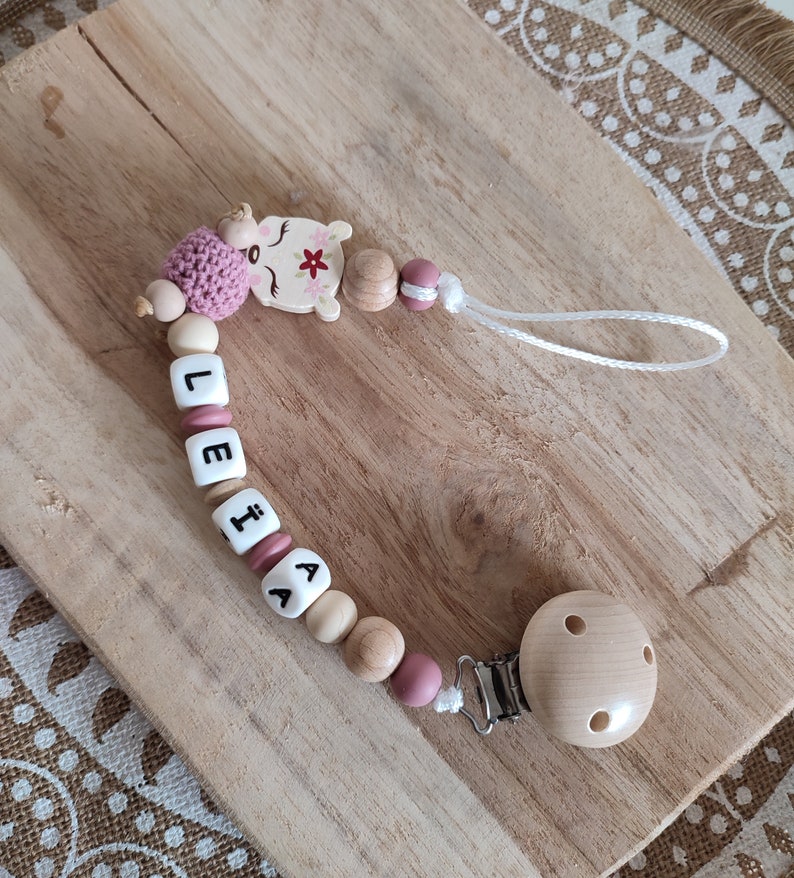 Doe wood silicone pacifier clip personalized pacifier clip with first name birth gift rattle ring with or without first name image 5