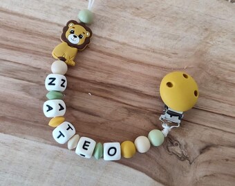 Personalized pacifier clip in silicone letter pearl clips lion yellow green beige linen - birth gift - Christmas - baby care