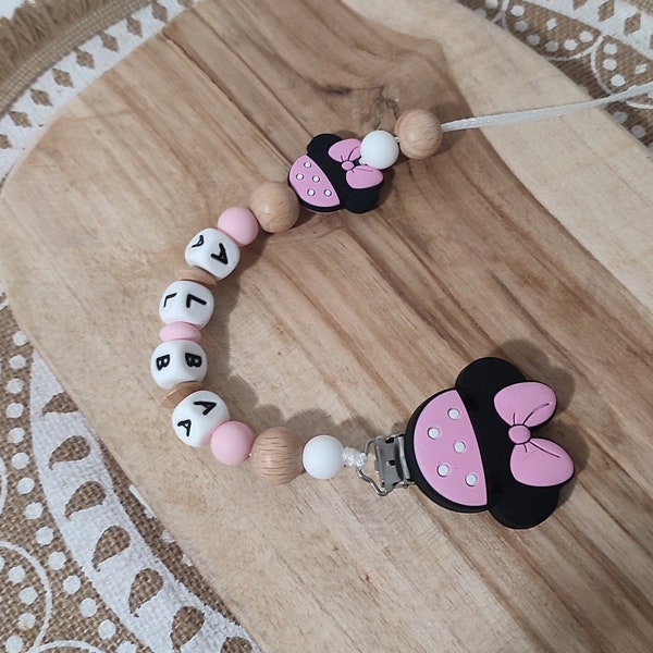 Personalisierter Minnie-Schnullerclip - anpassbarer Vorname-Schnullerclip aus Silikon - Silikon-Schnullerhalter - Vorname-Schnullerclip