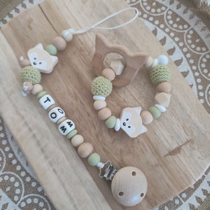 Personalized silicone fox pacifier clip - personalized creations for children - silicone and natural wood awakening rattle - Christmas