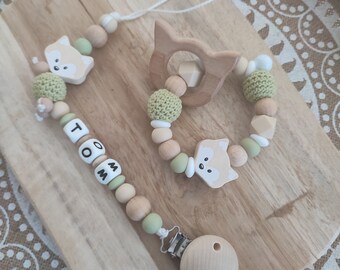 Personalized silicone fox pacifier clip - personalized creations for children - silicone and natural wood awakening rattle - Christmas