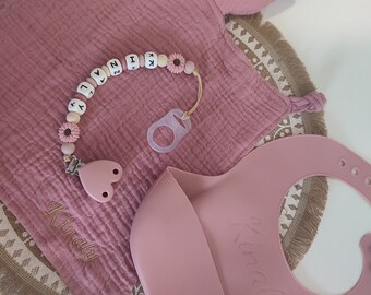 Birth box: silicone pacifier clip, bib and cuddly toy embroidered with the child's first name - personalized baby birth gift -