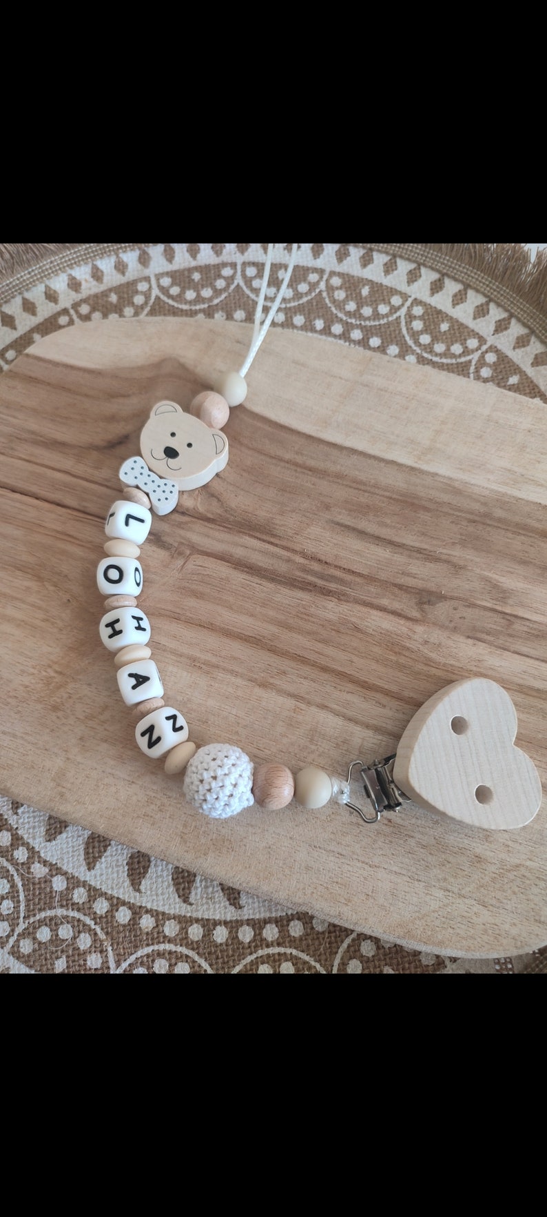 Natural wood and food silicone bear and heart pacifier clip personalized birth gift with first name gift idea to offer image 1