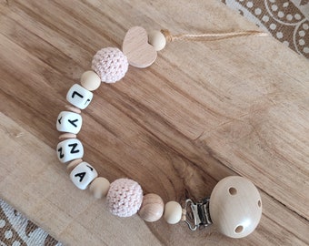 Personalisierter Herz-Schnullerclip - Silikon-Schnullerclip aus Holz - Geburtsgeschenk - personalisierte Babyaccessoires - Kreation