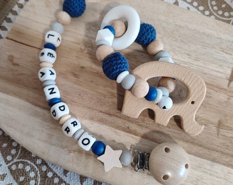 Customizable pacifier clip Personalized elephant pacifier clip - personalized silicone and wood first name pacifier clip - rattle