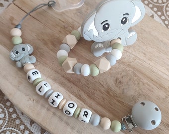 Clip de chupete personalizado en silicona carta perla clips elefante sabana gris verde lino beige - regalo de nacimiento - Navidad - cuidado del bebé