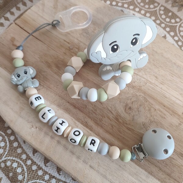 Attache tétine personnalisé en silicone lettre perle clips éléphant  savane gris  vert lin beige - cadeau de naissance - Noël - soins bébé