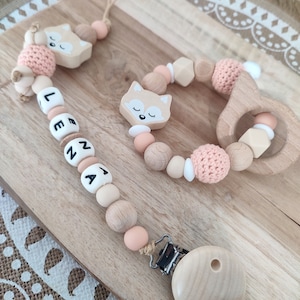 Personalized silicone fox pacifier clip - personalized creations for children - silicone and natural wood awakening rattle - Christmas