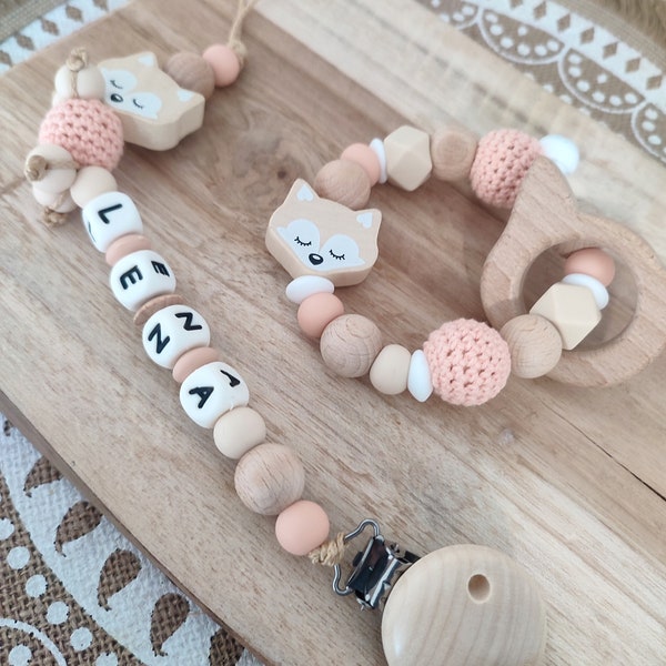 Personalized silicone fox pacifier clip - personalized creations for children - silicone and natural wood awakening rattle - Christmas