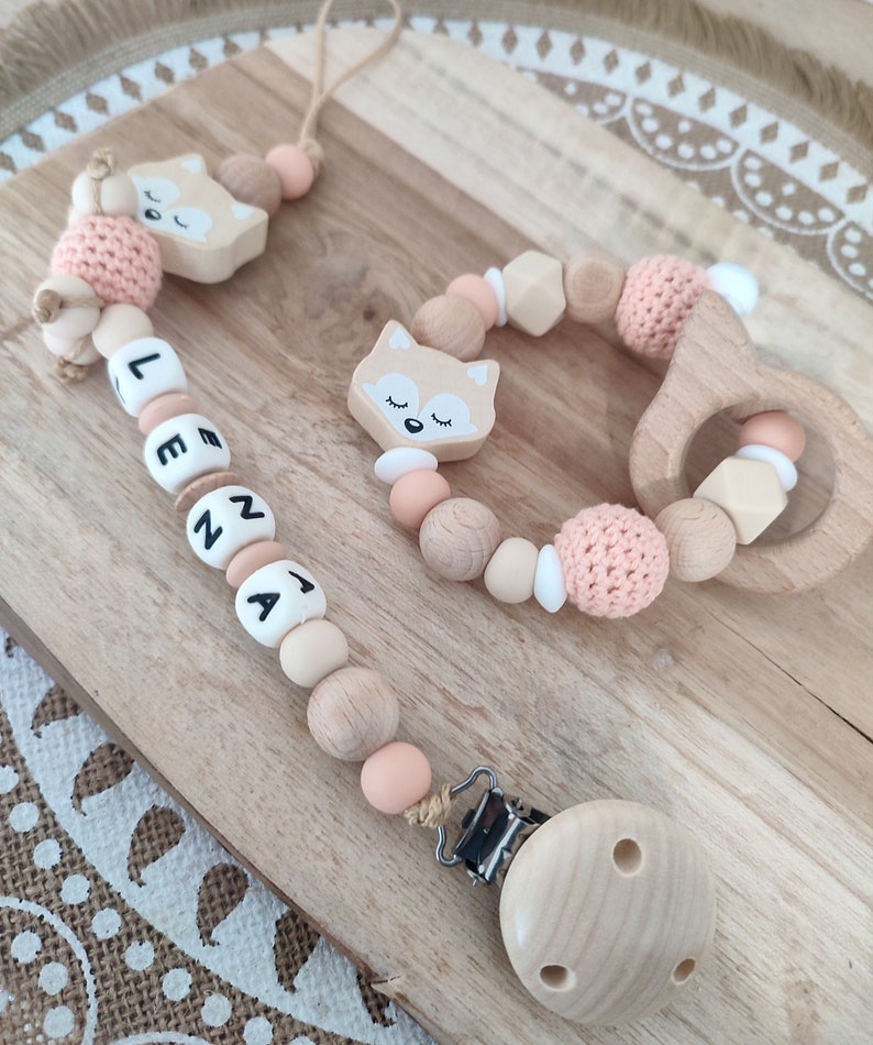 Personalized silicone fox pacifier clip personalized creations for children silicone and natural wood awakening rattle Christmas image 1