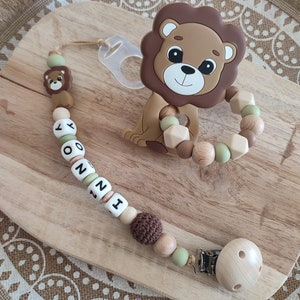 Silicone lion pacifier clip beige light brown green linen and wood - personalized silicone and wood lion pacifier clip - silicone rattle