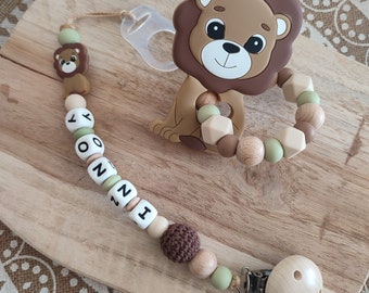 Silicone lion pacifier clip beige light brown green linen and wood - personalized silicone and wood lion pacifier clip - silicone rattle