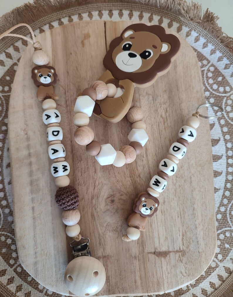 Beige light brown and wood lion silicone pacifier clip personalized silicone and wood lion pacifier clip silicone rattle ring image 3