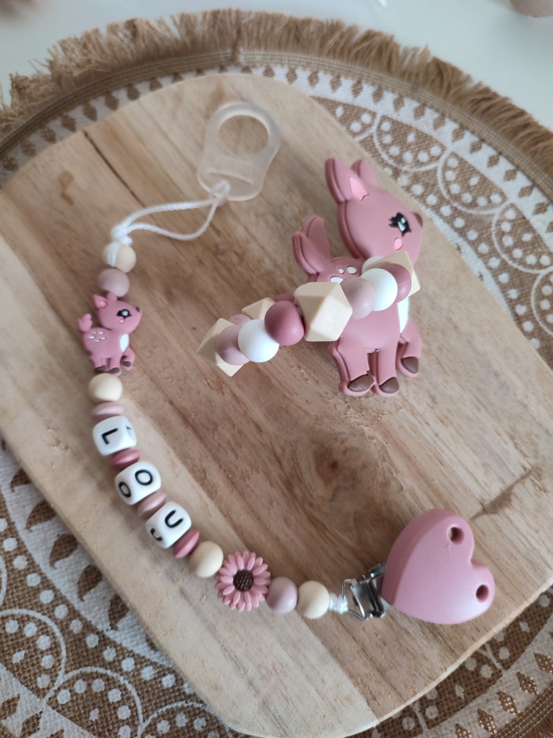 Personalized 100% silicone doe pacifier clip customizable pacifier clip natural wood silicone rattle with wooden ring coffret duo + mam
