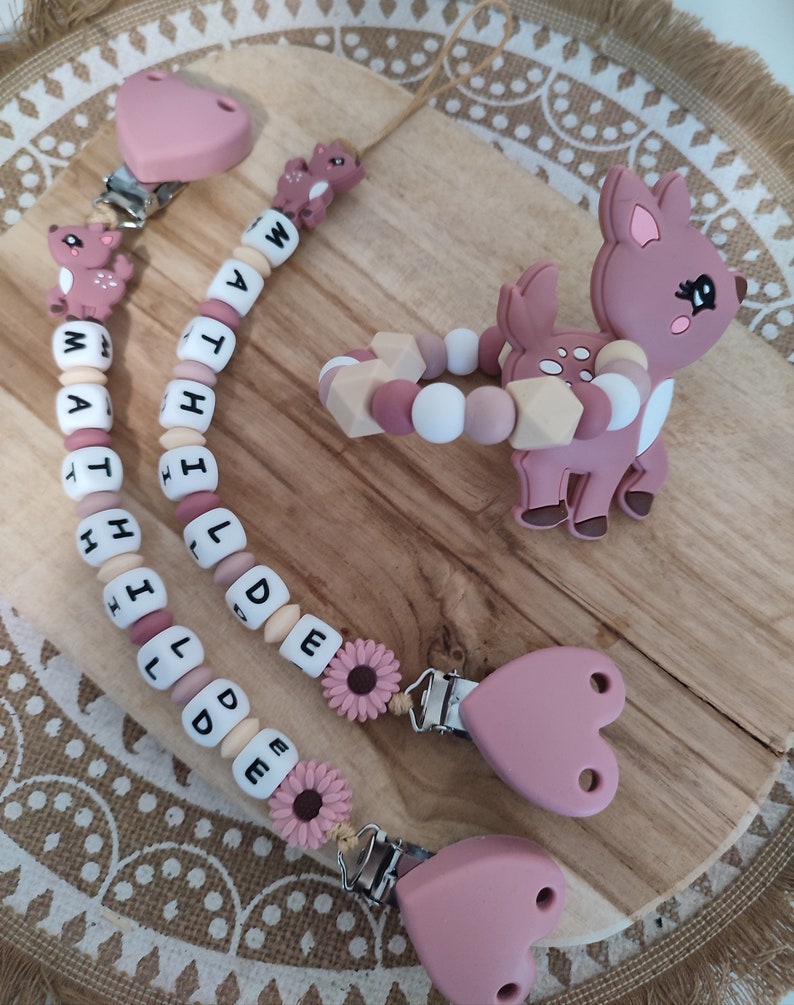Personalized 100% silicone doe pacifier clip customizable pacifier clip natural wood silicone rattle with wooden ring image 10
