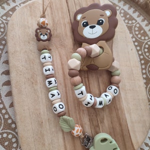 Personalized 100% silicone pacifier clip with first name - lion savannah model - pacifier clip for pacifier without ring - gift rattle ring