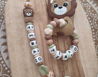 Personalized 100% silicone pacifier clip with first name - lion savannah model - pacifier clip for pacifier without ring - gift rattle ring