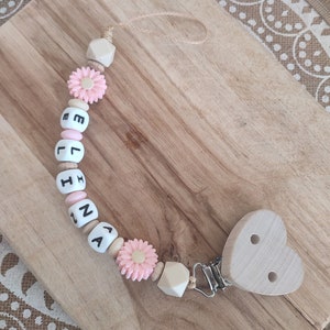 Personalized flower pacifier clip personalized silicone and wood first name pacifier clip birth gift flower heart rattle ring rose pâle