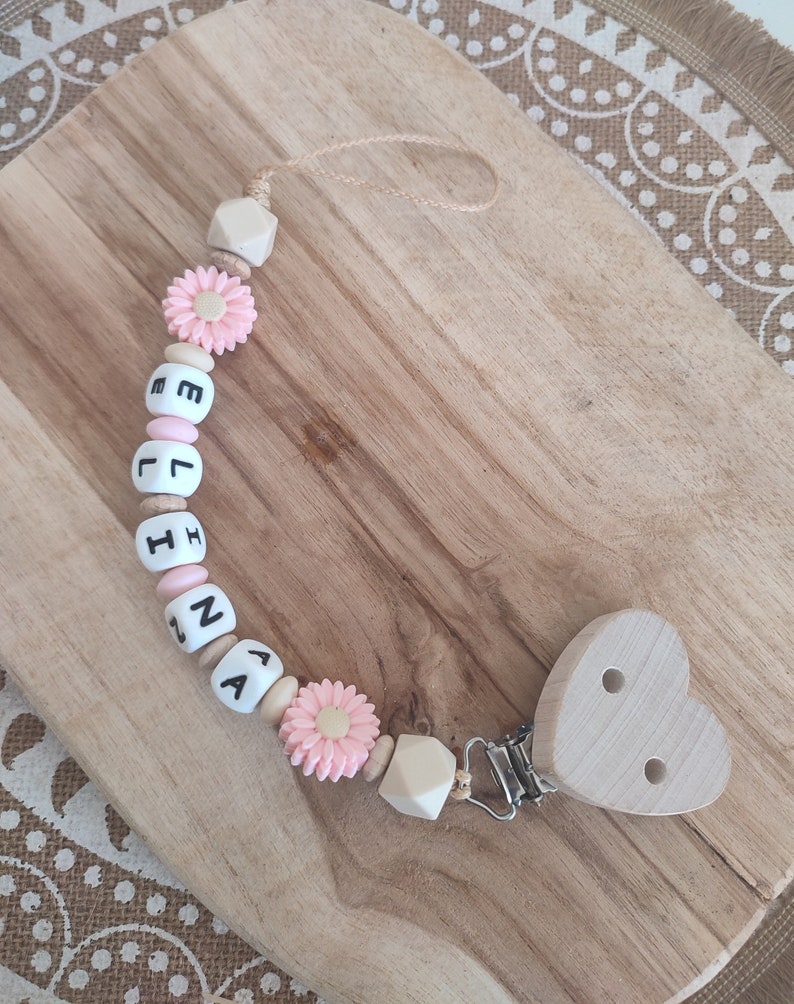 Personalized flower pacifier clip personalized silicone and wood first name pacifier clip birth gift flower heart rattle ring rose pâle