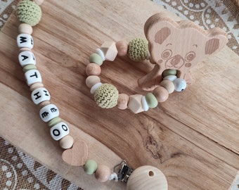 Personalized silicone and wood heart pacifier clip - koala wood silicone rattle ring - birth gift, baptism baby shower