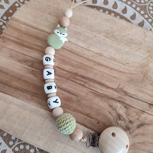 Personalized fox pacifier clip customizable silicone and wood first name pacifier clip birth gift personalized creation vert lin