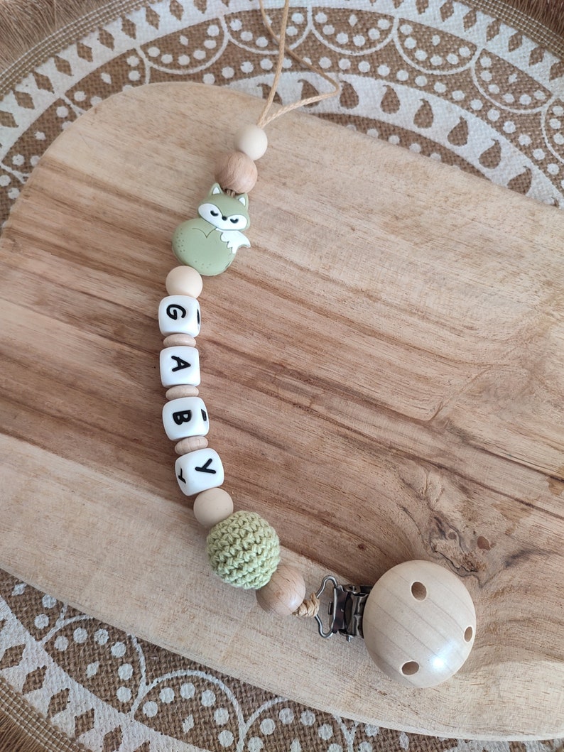 Personalized fox pacifier clip customizable silicone and wood first name pacifier clip birth gift personalized creation vert lin