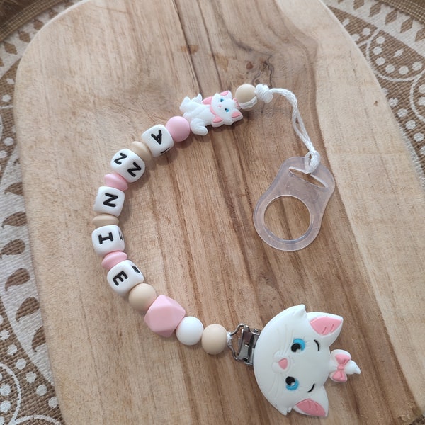 Personalisierter Marie Aristocats Schnullerclip Disney-Katzen aus 100 % Silikon - Disney Marie-Silikonrassel - Baby-Weihnachtsgeburtsgeschenk