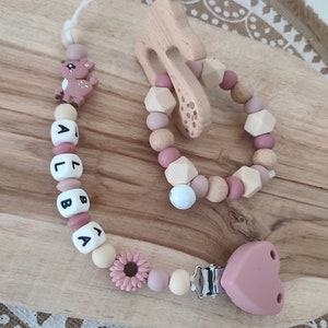 Personalized 100% silicone doe pacifier clip customizable pacifier clip natural wood silicone rattle with wooden ring attache+hochet bois