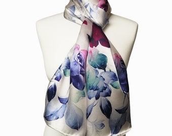Sciarpa in seta naturale al 100% - Arrotolata a mano - 170 x 50 cm - Tema floreale su sfondo bianco