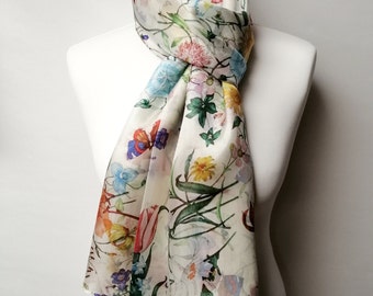 Pareo/Estola/Bufanda - Voile de Seda 100% Natural - 180 x 110 cm - Tema Primavera - Flores y Mariposas