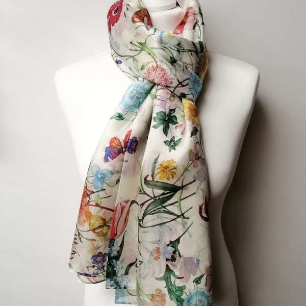 Paréo/Étole/Foulard - Voile 100 % Soie Naturelle - 180 x 110 cm - Thème Printanier - Fleurs et Papillons