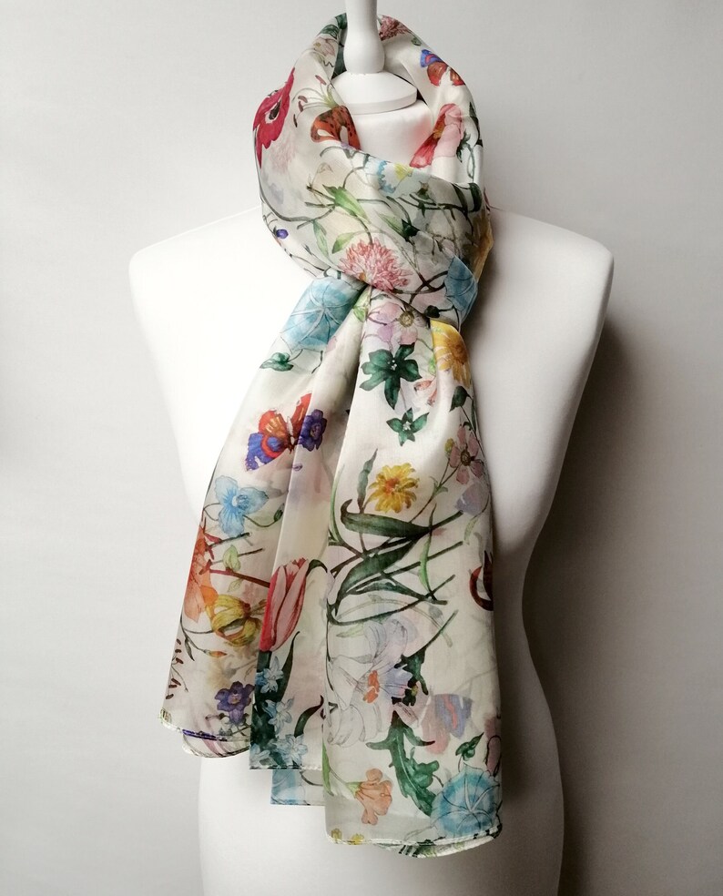 Paréo/Étole/Foulard Voile 100 % Soie Naturelle 180 x 110 cm Thème Printanier Fleurs et Papillons image 1