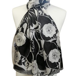 Pareo/Stole/Scarf - 100% Natural Silk Voile - 180 x 110 cm - Black and White - Floral Theme