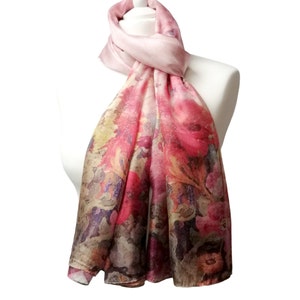 Pareo/Scarf/Foulard - 100% Silk Voile - Flowers on a pink background