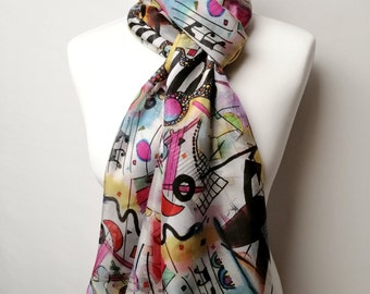 Pareo/Stole/Scarf - 100% Natural Silk Veil - 180 x 110 cm - Inspiration 2 KANDINSKY